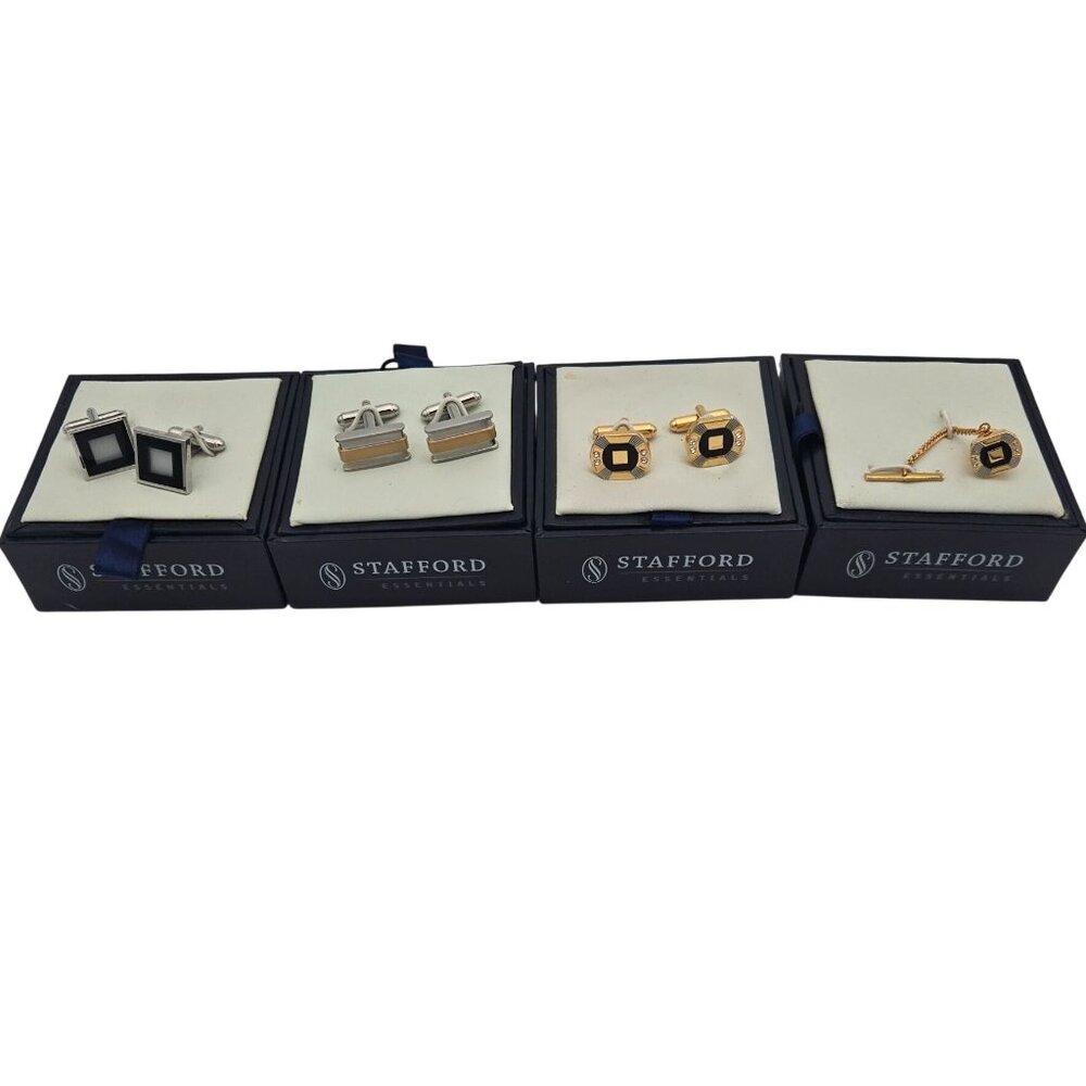 Stafford Essentials Cufflinks & Tie Clip Set Gold & Silver Designs In Gift Boxes